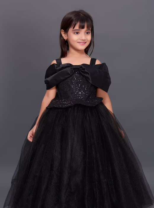 Offshoulder Sequins Bow Gown -Black