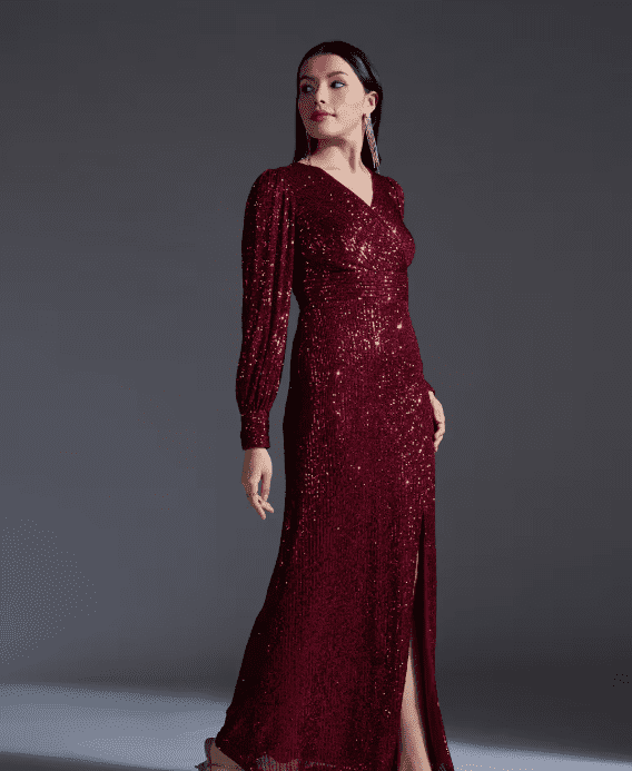 Red Sequin V neck Gown - Image 3